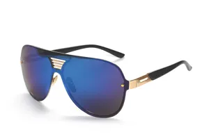 Detailed view of stylish shield sunglasses with blue mirror lenses and gold metal details.