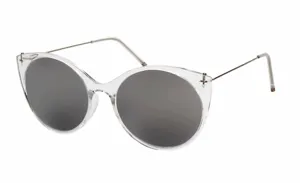 Close-up detail view of clear frame sunglasses featuring slim metal temples and dark lenses.