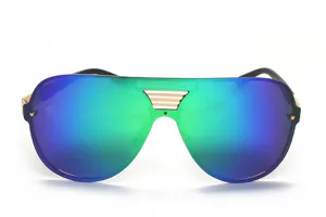 Oversized shield sunglasses with vibrant gradient reflective lenses and metallic bridge details.