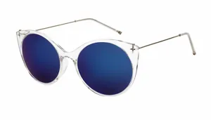 Transparent frame blue mirrored cat-eye sunglasses with lightweight metal temples for women.