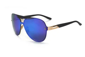 Oversized shield sunglasses with colorful mirror lenses and stylish gold metal accents.