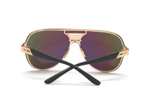 Detailed close-up of large frame shield sunglasses with colorful reflective lenses and gold frame.