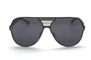 Detailed close-up shot of the large frame black shield sunglasses with metallic bridge.