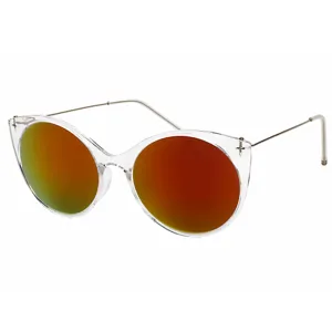 Trendy clear frame cat eye sunglasses with colorful reflective lenses for women and men.