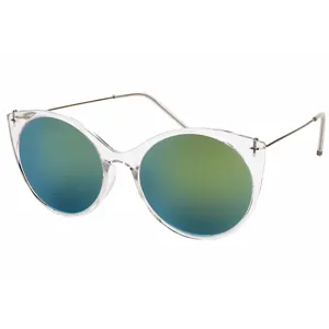 Transparent frame cat-eye sunglasses with colorful reflective lenses for women fashion wear.