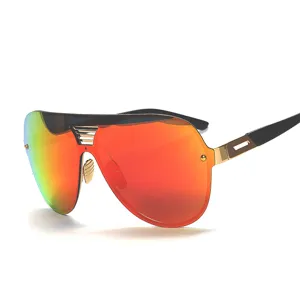 Oversized shield sunglasses with colorful reflective lenses and gold metal frames for fashion.