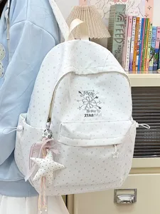 Weißer Rucksack im Preppy-Stil mit grauem Sternenmuster und Plüsch-Sternanhänger