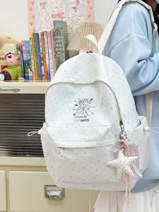 Weißer Schulrucksack mit Sternen-Punkt-Muster und Plüschstern-Anhänger-Detail