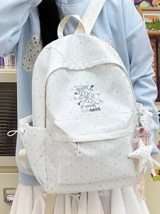 Weißer Rucksack mit Sternenmuster, Blumenstickerei und Sternen-Plüschanhänger