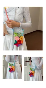 Petit sac bandoulière fait main fleurs au crochet colorées porté par le mannequin