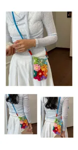 Vue détaillée d'un petit sac de téléphone en fleurs crochetées fait main sur modèle