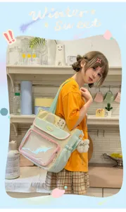 Sweet Japanese style Ita bag with clear window shown on model in a cozy indoor setting.