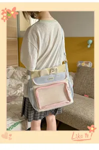Back view of a student carrying a colorful pastel Japanese style Ita bag for school