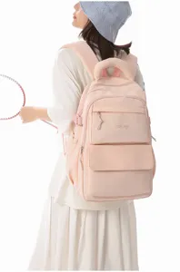 Japanese style large capacity pastel pink school backpack with embroidered logo for girls