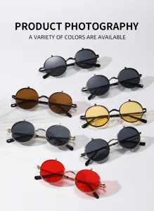 Lunettes de soleil rondes rétro à rabat avec monture en métal pour le style urbain chic.