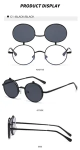 Vue détaillée de lunettes de soleil rondes en métal à double verres, tendance et polyvalentes.