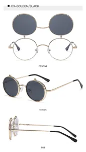 Lunettes de soleil rondes en métal avec double verres relevables, style rétro vintage tendance.