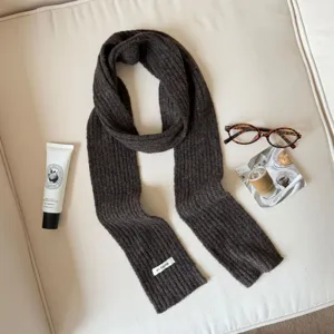 Cozy dark brown ribbed knit winter scarf for women, soft wool blend Korean style warmer.