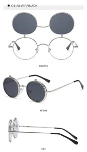 Lunettes de soleil rondes en métal à double verres relevables, style tendance pour la rue.