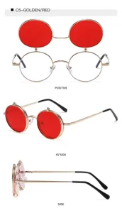 Lunettes de soleil rondes en métal doré avec verres rabattables rouges stylés.