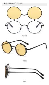 Détails des lunettes de soleil rondes en métal à double verres en noir et jaune.