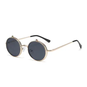 Lunettes de Soleil Rondes Rétro à Charnière pour Hommes Femmes Monture en Alliage Métallique Double Couche Steampunk Protection UV400
