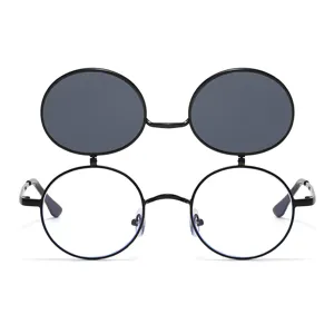 Lunettes de soleil rondes en metal noir avec verres relevables pour homme et femme retro