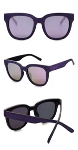 Retro large frame wood grain sunglasses with purple colorful lenses, detail angles showcase style.