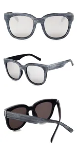 Multi-angle detail of retro square sunglasses featuring wood grain frame texture and reflective lenses.