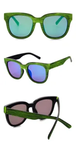 Green wood texture oversized vintage sunglasses with colorful reflective lenses, detailed view.