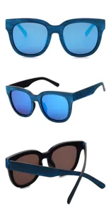 Retro blue wood grain frame sunglasses with colorful reflective lenses, detailed view showing style.