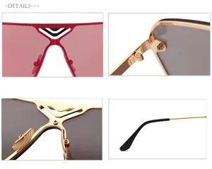 Detailed views of fashion one-piece lens sunglasses showcasing premium metal frame and hinges.