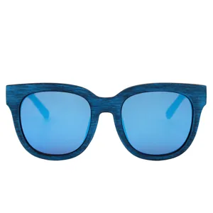 Retro large frame wood grain sunglasses with blue reflective lenses for stylish daily wear.