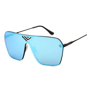 Oversized blue shield sunglasses with metal frame and geometric bridge for fashion.