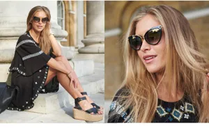 Detailed shot of stylish cat-eye sunglasses paired with embroidered dress and wedge sandals for street fashion.