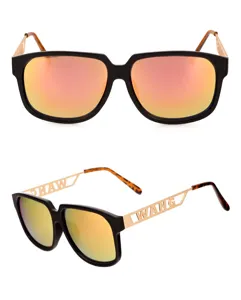 Stilvolle schwarze Sonnenbrille mit bunten Spiegelgläsern und einzigartigen Metall-Bügeln.
