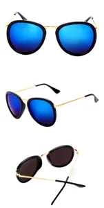 Klassieke metalen ronde zonnebril met opvallende blauwe reflecterende lenzen en gouden pootjes.