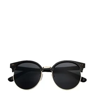 Occhiali da sole rotondi grandi unisex con montura nera e dettagli metallici dorati chic.