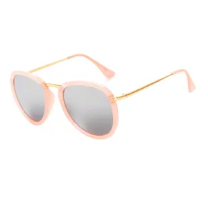 Roze metalen ronde zonnebril voor dames en heren, retro reflecterende glazen trendy hoofdfoto.