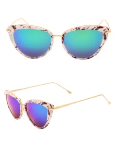 Stylish marble pattern cat eye sunglasses with colorful reflective lenses and gold metal temples.