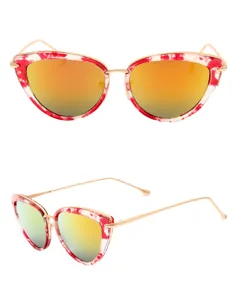 Stylish cat-eye sunglasses with red patterned frames and reflective orange mirrored lenses.
