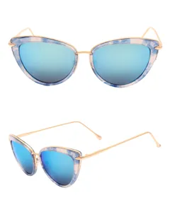 Trendy cat-eye sunglasses with striking blue mirrored lenses and stylish marbled light blue frames.