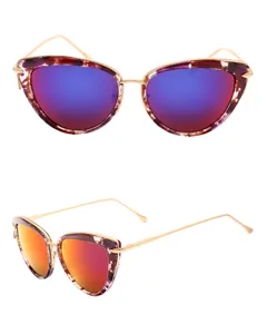 Stylish cat-eye sunglasses featuring vibrant colorful reflective lenses and elegant metal temples.