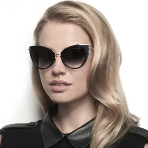 Women fashion cat eye sunglasses with gradient lenses chic black and gold frame eyewear main view