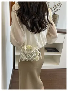 Chic handmade pearl beaded crossbody bag elegant hollow design mini shoulder handbag for women