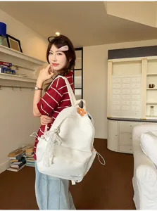 Japanischer Harajuku-Stil weißer Canvas-Rucksack mit Blumenstickerei für Schülerinnen.