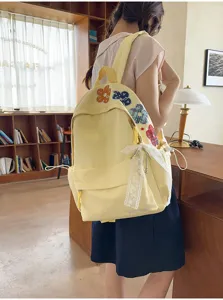 Japanischer Harajuku-Stil bestickte Blume große Kapazität Schüler Schultasche gelber Rucksack