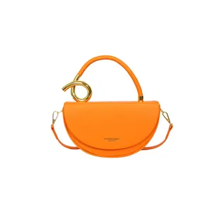 Orange Leder Satteltasche Mode Umhängetasche Handtasche mit Metallring Griff für Damen