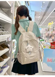 Cute star pattern canvas backpack detailed view, featuring fluffy star pendant and side pockets.