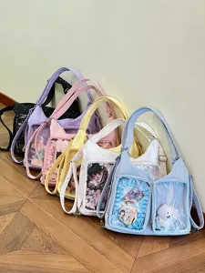 Collection of colorful Harajuku style ita bags with star patterns and clear windows
